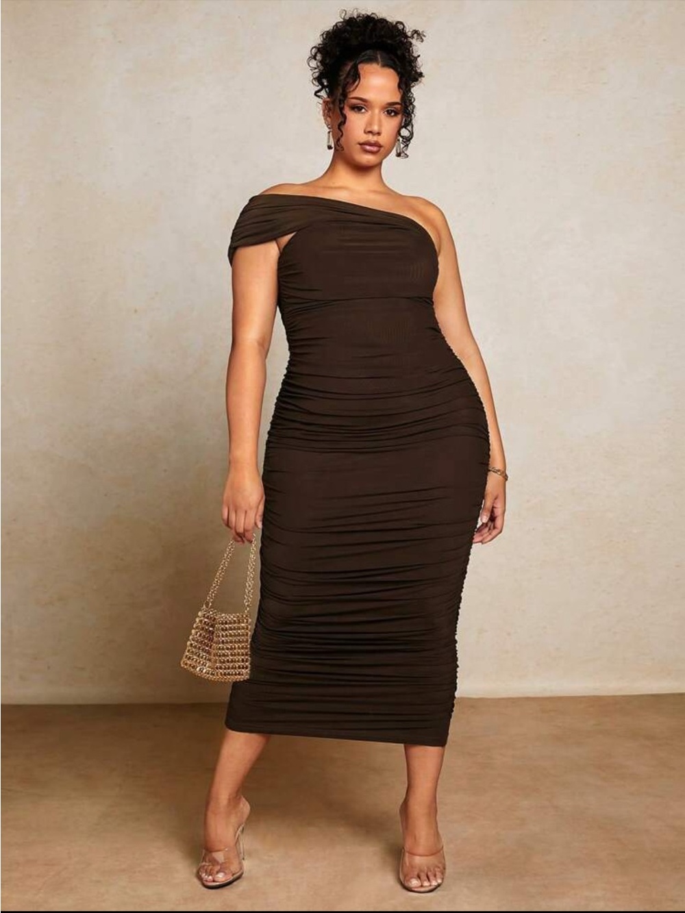 SHEIN One-Shoulder Ruched Midi Dress in Dark Brown